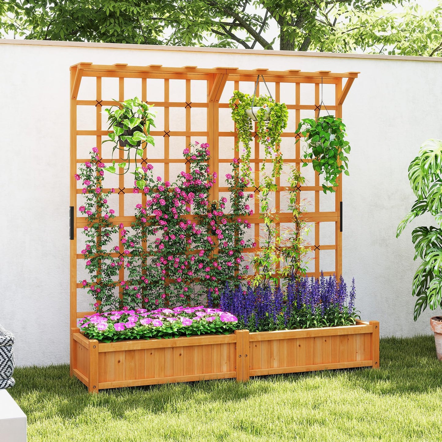 Giantex Large Raised Garden Bed with Trellis & Roof, 72" Wooden Garden Bed, High Trellis for Plant Flower Climbing Pot Hanging, Indoor & Outdoor Planter Box for Yard, Garden, Balcony