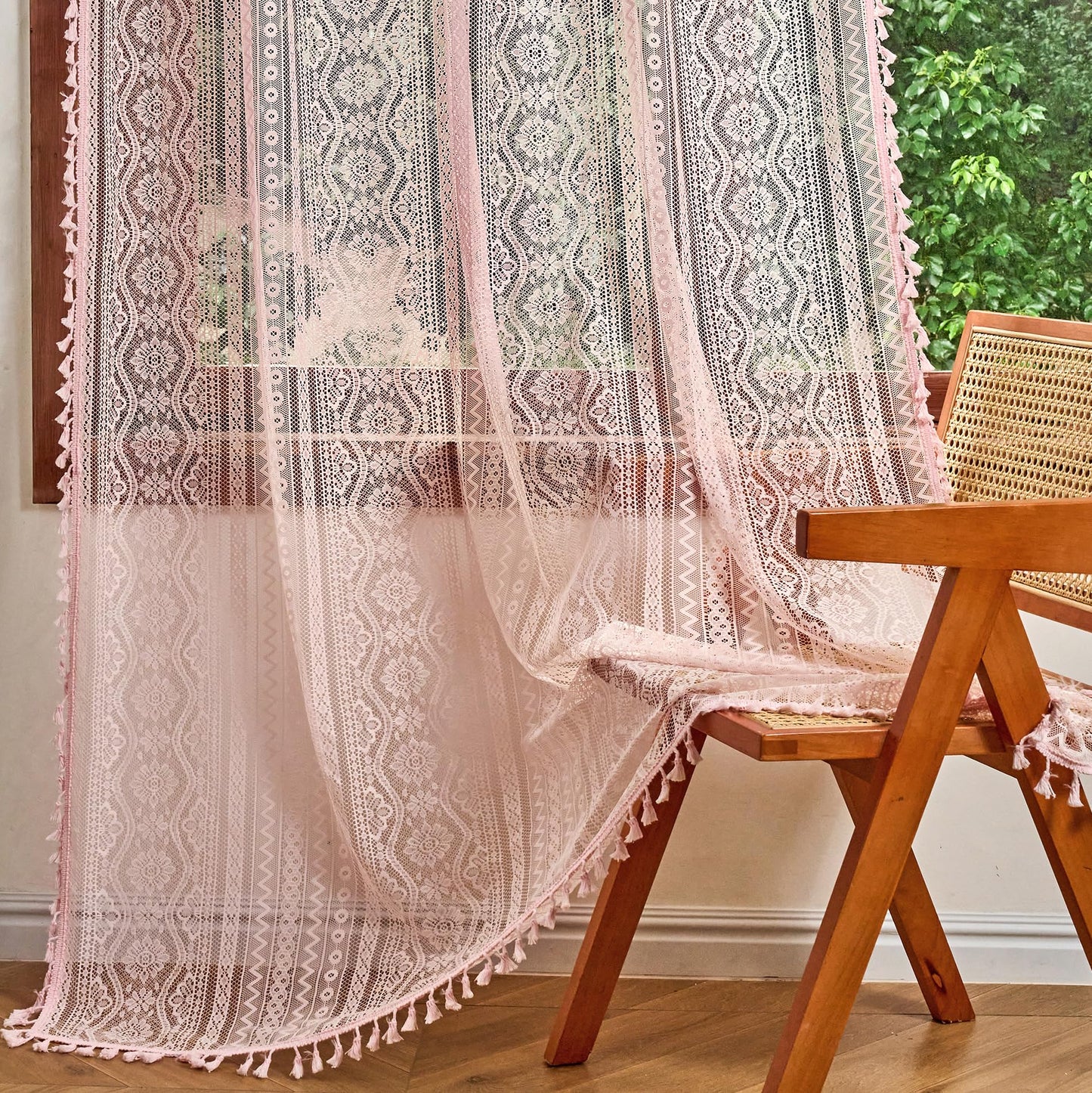 MYSKY HOME Pink Sheer Lace Curtains 2 Panels 63 inch Length for Girls Room Nursery Boho Vintage Floral Crochet Pattern Privacy Rod Pocket Tassels Small Windows Curtains, Wide 55 inch, 2 PCs