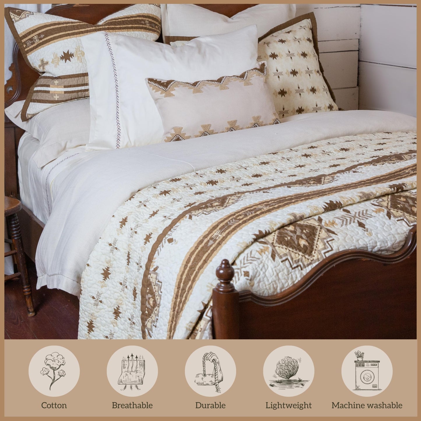 Paseo Road Dakota King Quilt Set, 3 Piece Rustic Western Bedding Set with Pillow Sham, Lightweight Reversible Cotton Quilt with Southwestern Aztec Pattern, Soft Breathable Cozy Boho Bedding