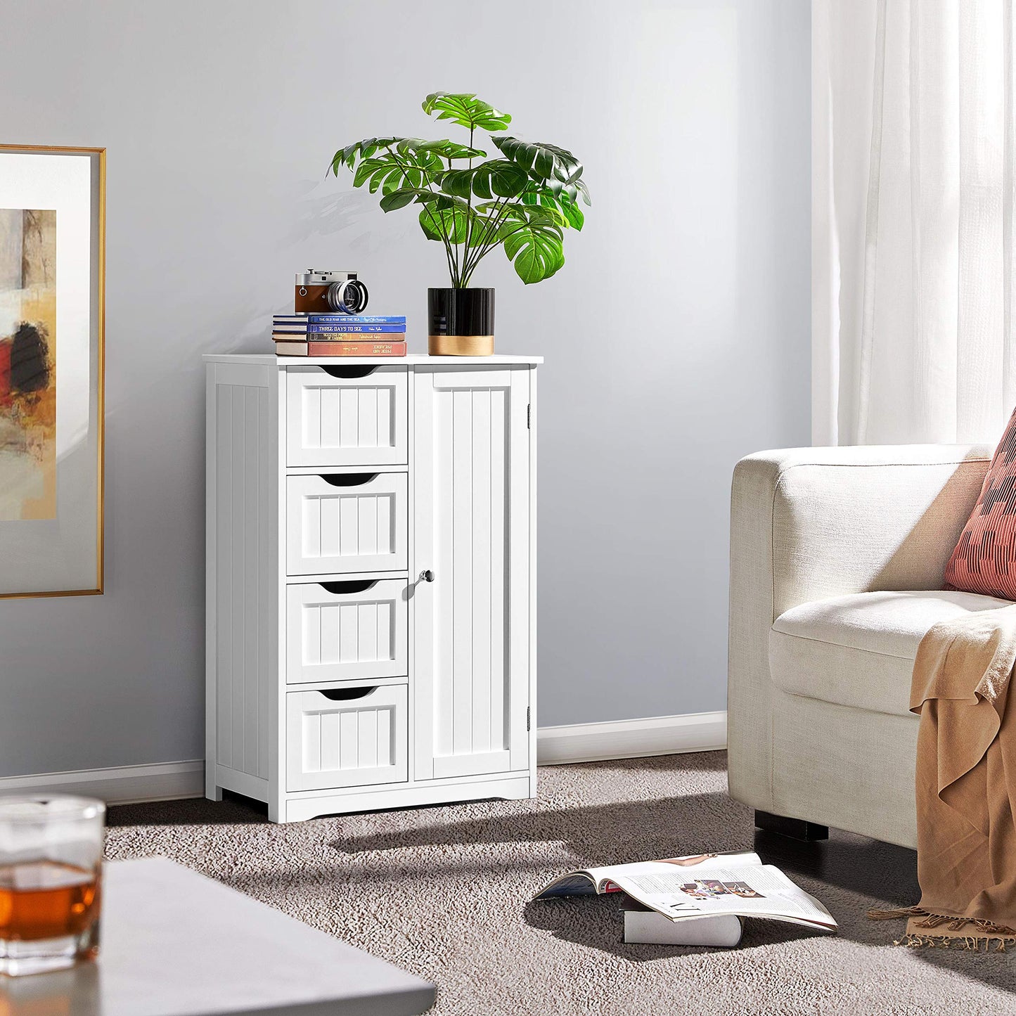 Yaheetech Bathroom Floor Cabinet Cupboard Free Standing Wooden Cabinet Storage Unit with 4 Drawers & 1 Door, Adjustable Shelf, White