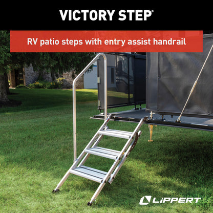 Lippert Victory Step Triple RV Steps for Toy Hauler Patio Systems with Entry Assist Handrail, 300-lb. Weight Capacity, 8" Rise, Anti-Slip Treads, Adjustable Legs/Step Pitch, Easy Storage - 2023024500