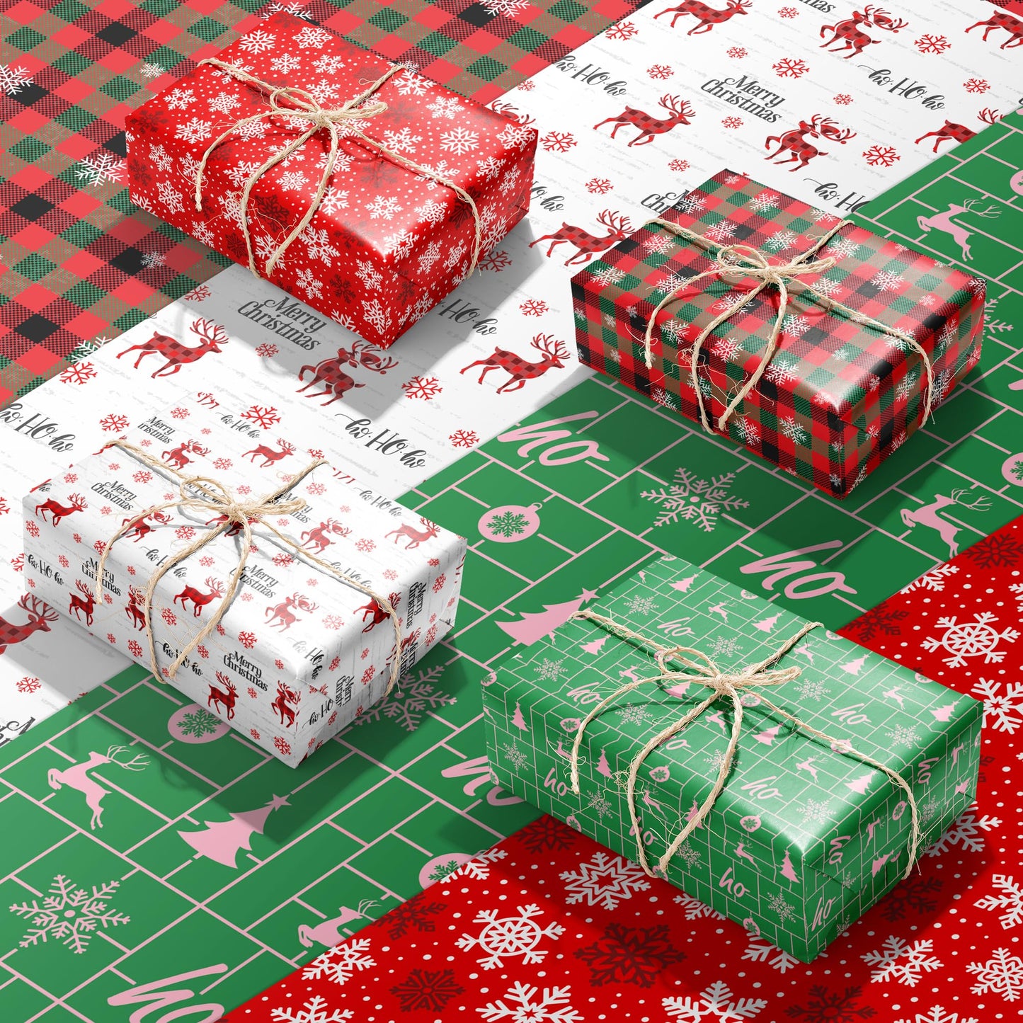 MotiGiftie Christmas Wrapping Paper for Kids Adults - Xmas Wrapping Paper with Red/Green Plaid, Reindeer, Snowflakes, “Ho Ho” Xmas Trees - 20 x 28 Inches, 8 Folded Sheets, Easy to Store
