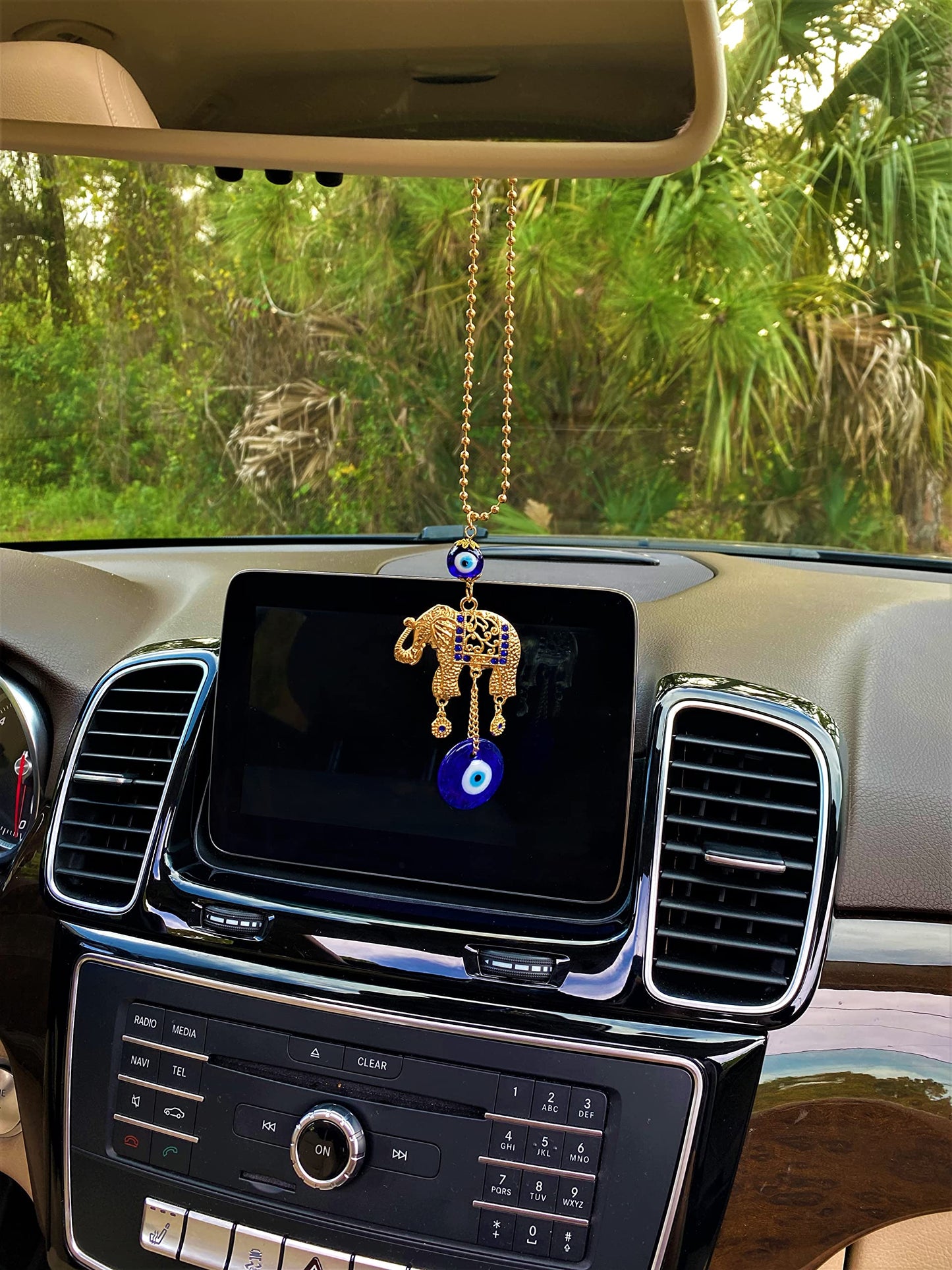 LUCKBOOSTIUM Gold Elephant with Evil Eye Beads in Blue, White & Black Resin w/Rhinestones in Ball Chain–Charms & Protective Car Hanging Ornament for Rear View Mirror, Keychain, Bag& Home/Office Decor