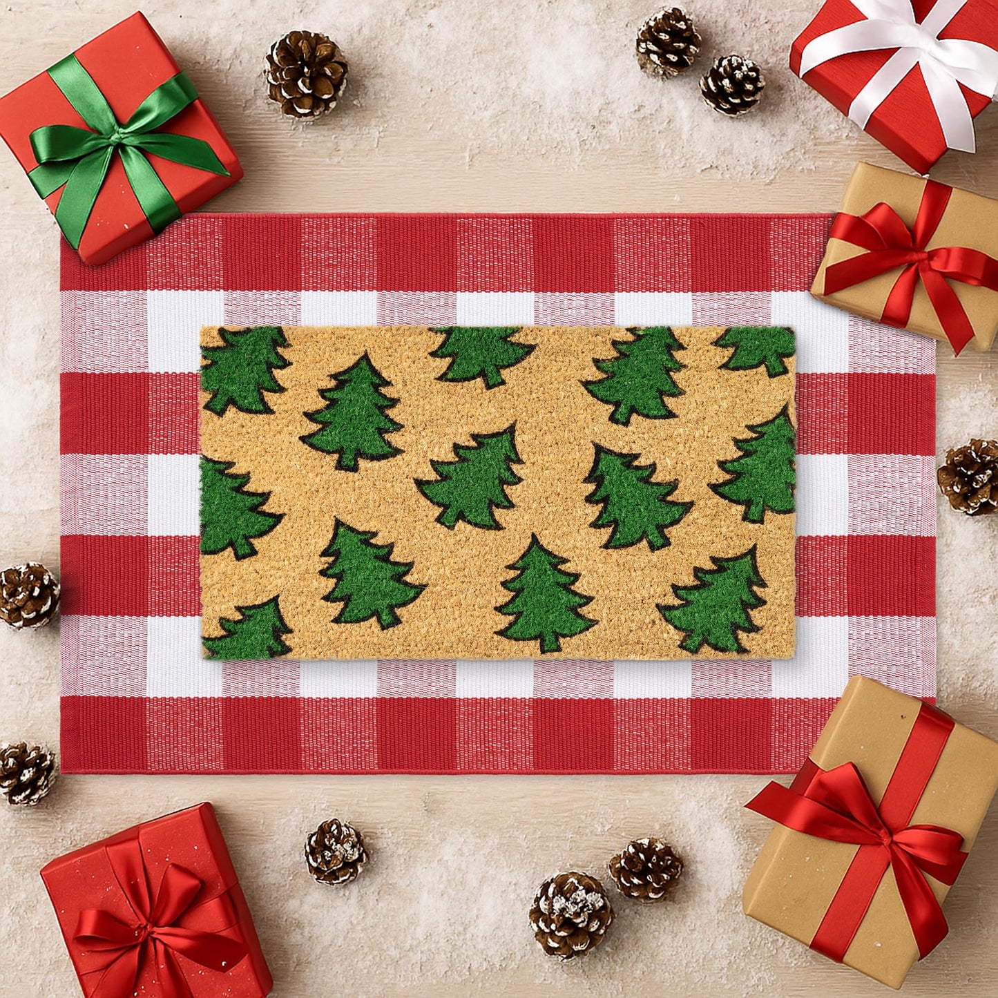 Christmas Door Mat Set 2-Piece, 17"x30" Coir Welcome Mat with Green Tree Pattern and 28"x43" Red White Plaid Rug, Layered Front Porch Combo for Holiday Entryway Outdoor Decor
