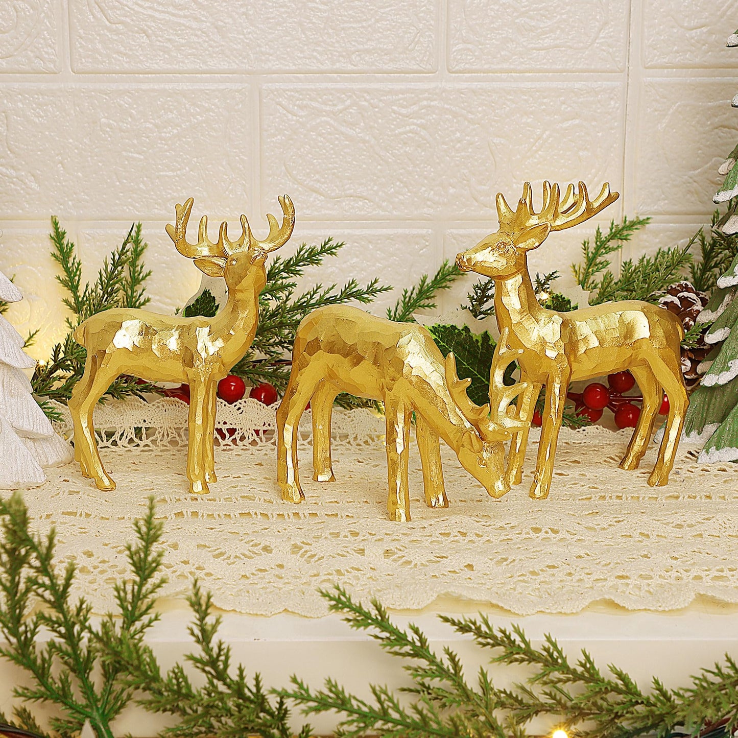 Lulu Home 3 PCS Christmas Tabletop Decorations, Resin Golden Reindeer Family Figurines with Diverse Postures, Xmas Holiday Winter Centerpieces Ornaments for Mantel Shelf Sill Decor(Peer)