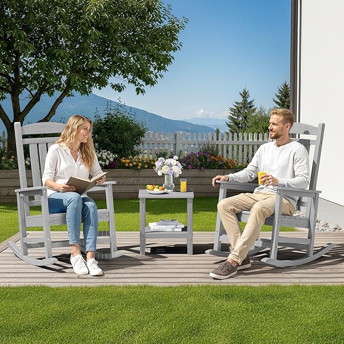 SERWALL HDPE Outdoor Rocking Chair Set of 2, Oversized Patio Rocking Chairs, All-Weather Porch Rockers for Adults, Light Gray