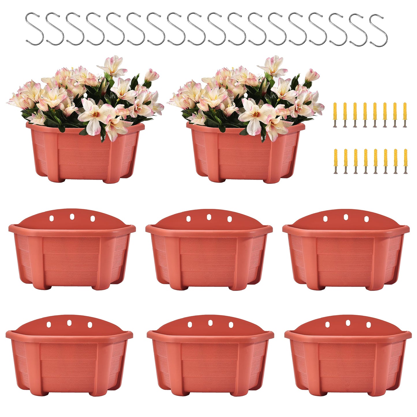 ORIMERC 9.8 inch 8 Pack Brick Red Wall Hanging Planters for Indoor Outdoor Plants Hanging Plant Holder with Drainage Hole Fence Balcony Planters Railing Hanging Pot Plant Wall Mount Decor with Hooks
