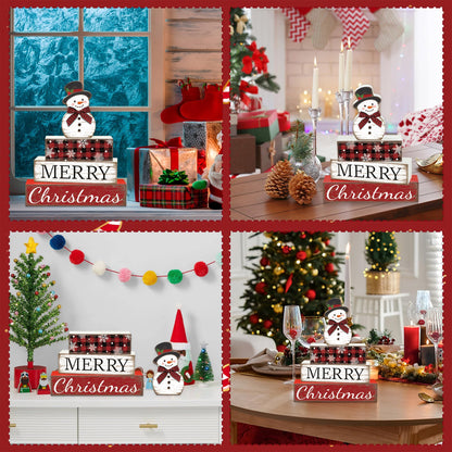 4 Pcs Christmas Table Decoration Snowman Wooden Block Merry Christmas Wood Centerpiece Xmas Red Buffalo Plaid Tabletop Sign Xmas Rustic Farmhouse Tiered Tray Decor for Winter Party Home Shelf Decor