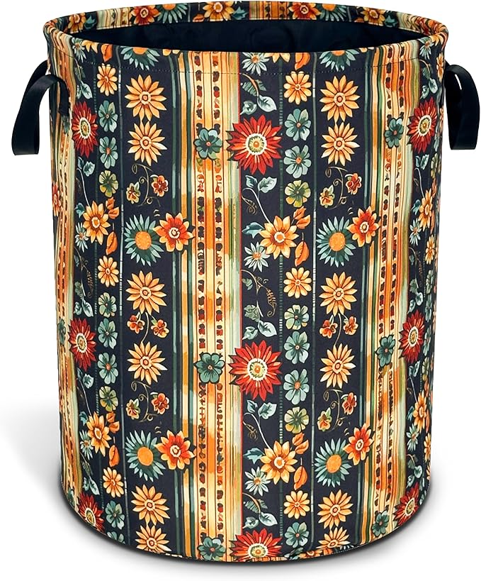 Folk Flower Art Laundry Basket Boho Floral Print Oxford Cloth Laundry Hamper