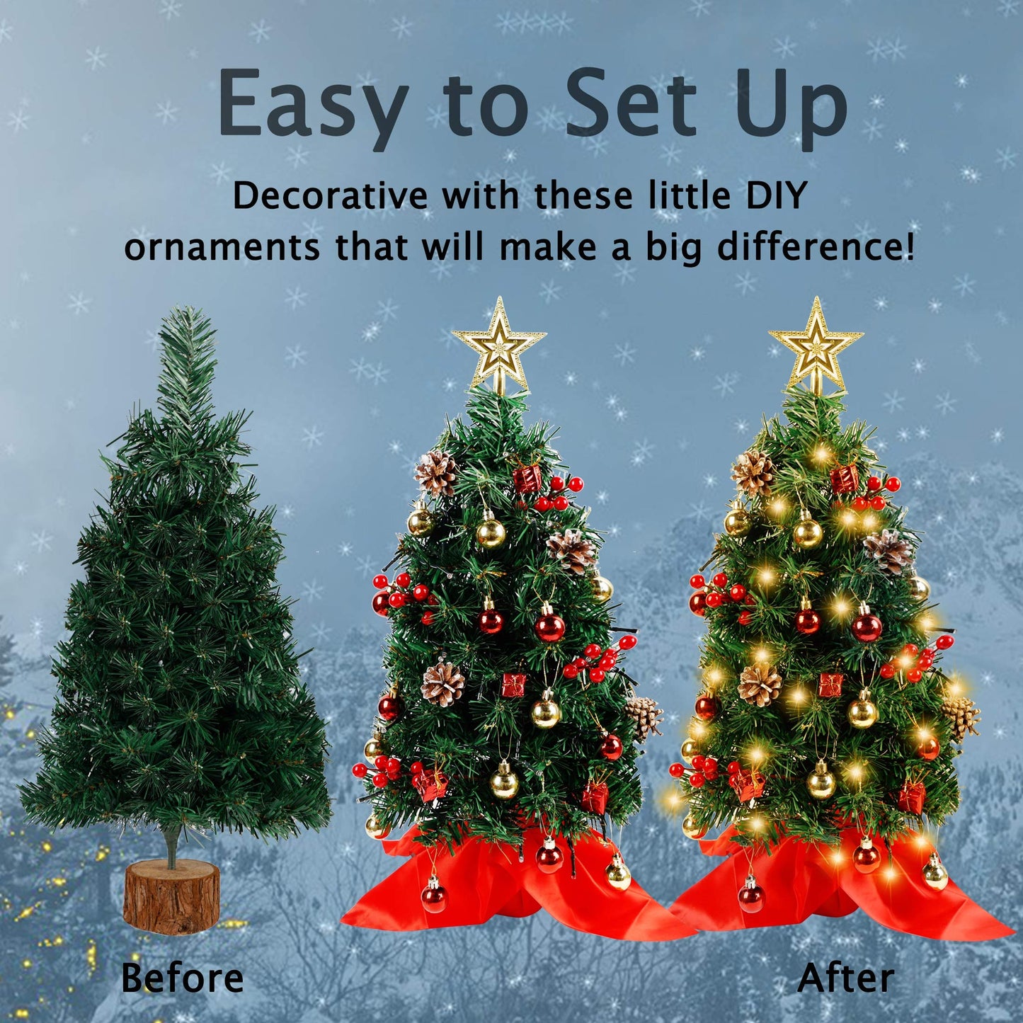 Blissun 2Ft Mini Christmas Tree, Artificial Christmas Pine Trees, Tabletop Xmas Tree, Mini Christmas Pine Tree with LED Lights, Star Tree Topper and Christmas Ornaments for Christmas Table Decorations