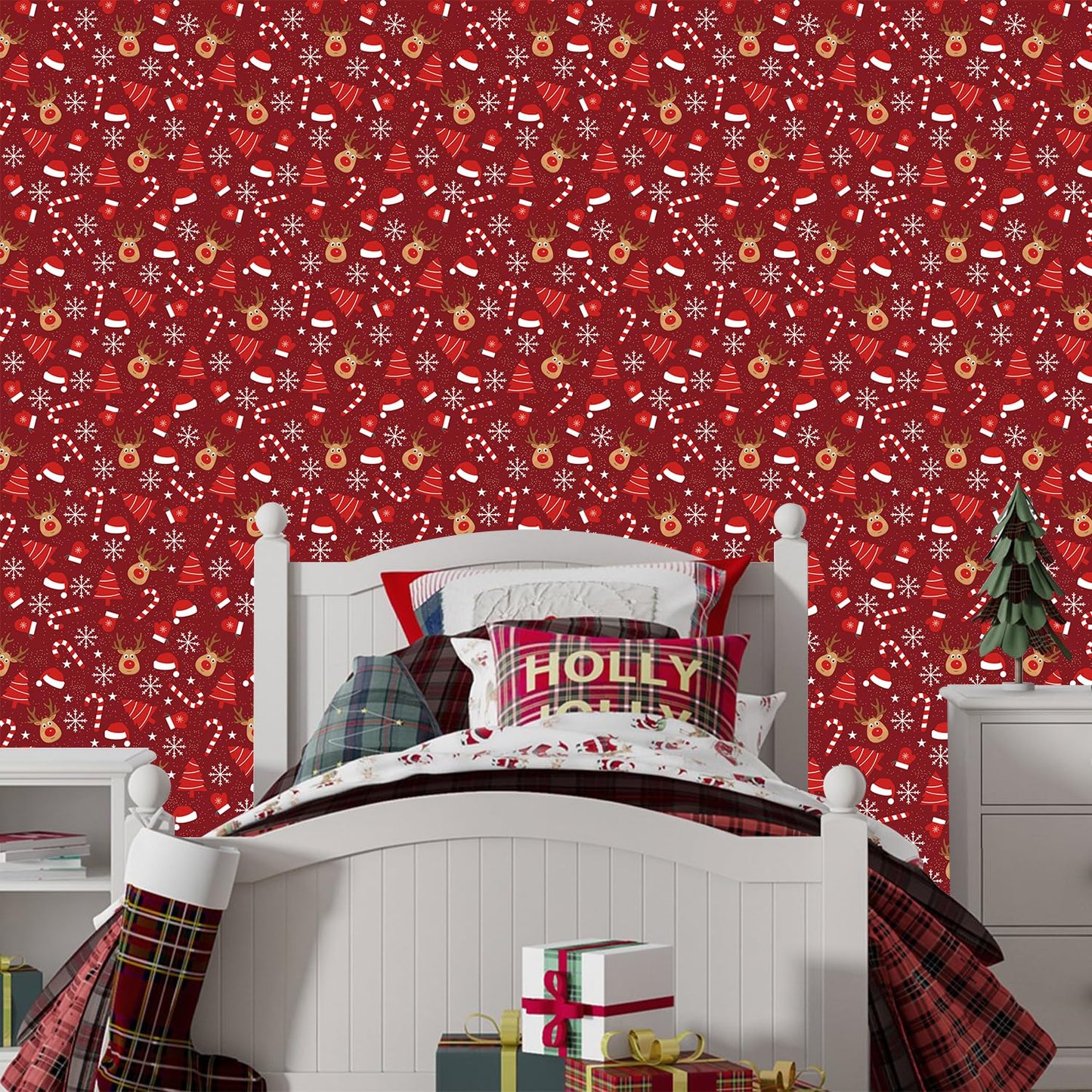 IARTTOP Merry Christmas Wallpaper Peel and Stick Snowflake Contact Paper for Cabinets and Drawers Christmas Reindeer Wallpaper Xmas Candy Canes Decals for Winter Holiday Home Party Decor(17.3"X118.1")