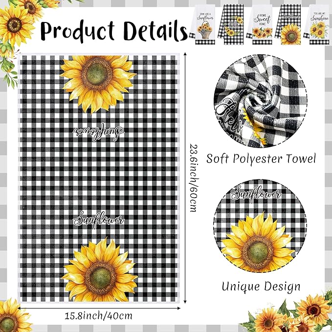 R HORSE 5Pcs Sunflower Kitchen Towels Decorative Set, Summer Flower Dishcloth