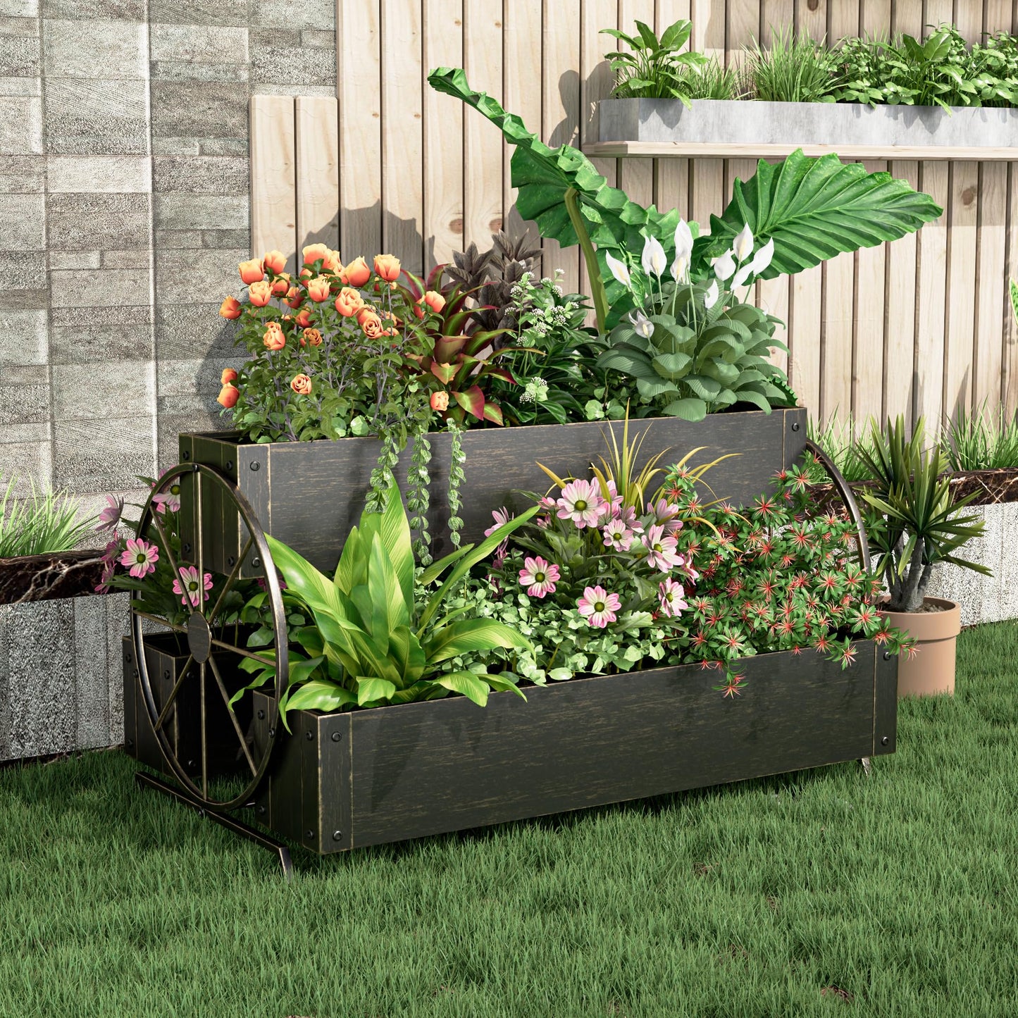Athuiline Metal Raised Garden Beds with Wagon Wheels, 3-Tier Outdoor Planter Boxes, Decorative Herb Garden Planter for Flowers Herbs Vegetables, Small Flower Cart for Patio, Balcony (Retro Gold)