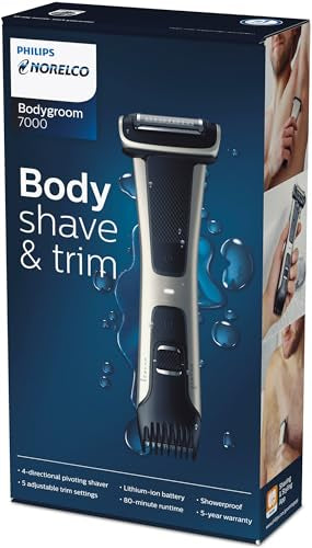 Philips Norelco Body Groomer 7000 Series, Men's Whole Body Groomer, Contour-Following 2D Flexing Head, Triple Protect Shave System & Intimate Body Hair Trimmer, 100% Showerproof, BG7480/50