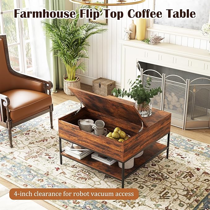 Farmhouse Coffee Table with Hidden Storage 32 in, Square Wood Living Room