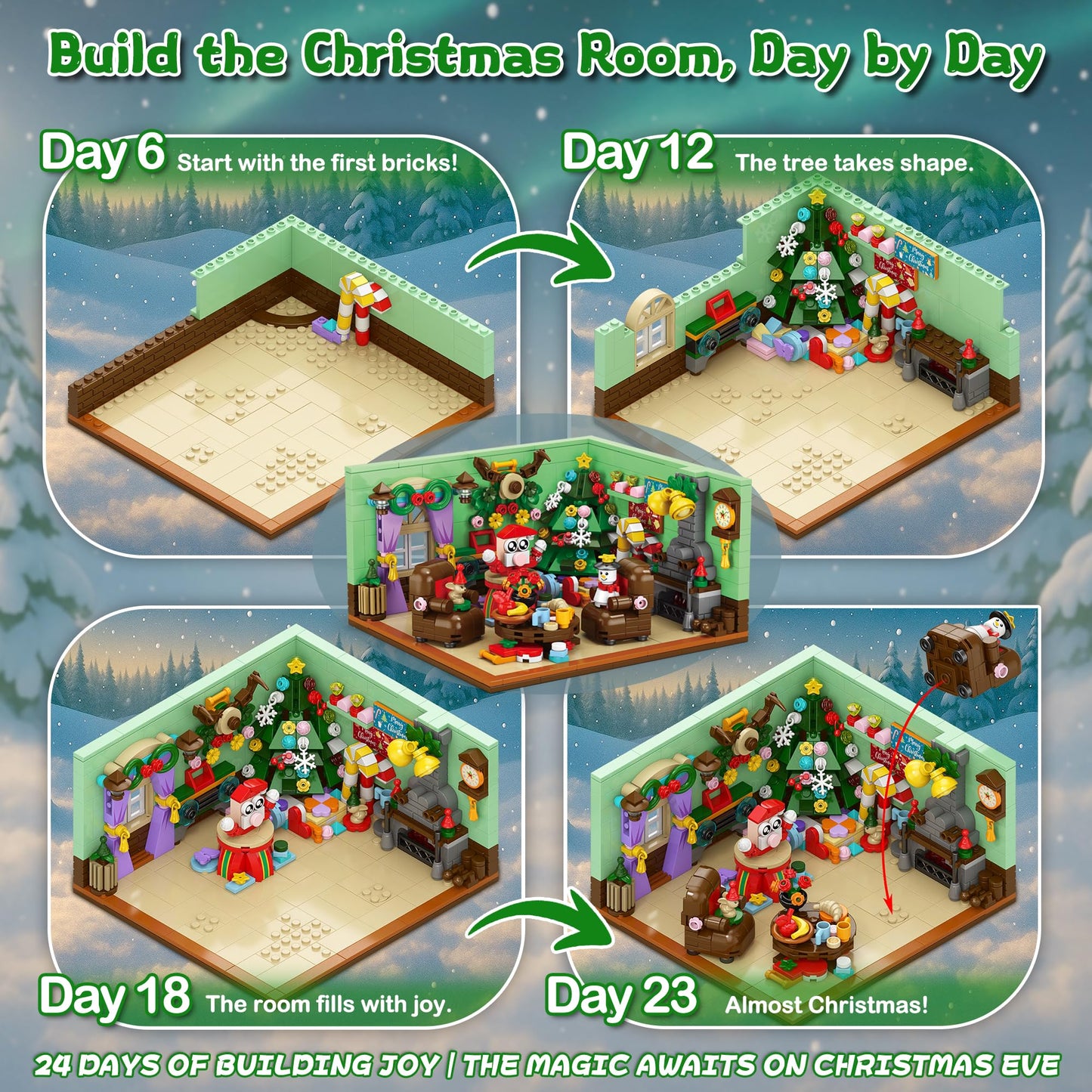 Rubypop Advent Calendar Building Blocks, 24 Day Christmas Countdown Kit with 669PCS Bricks Set,Santa Sleigh Christmas Tree Xmas Friends Room Holiday Decorations Gifts for Kids Boys Girls
