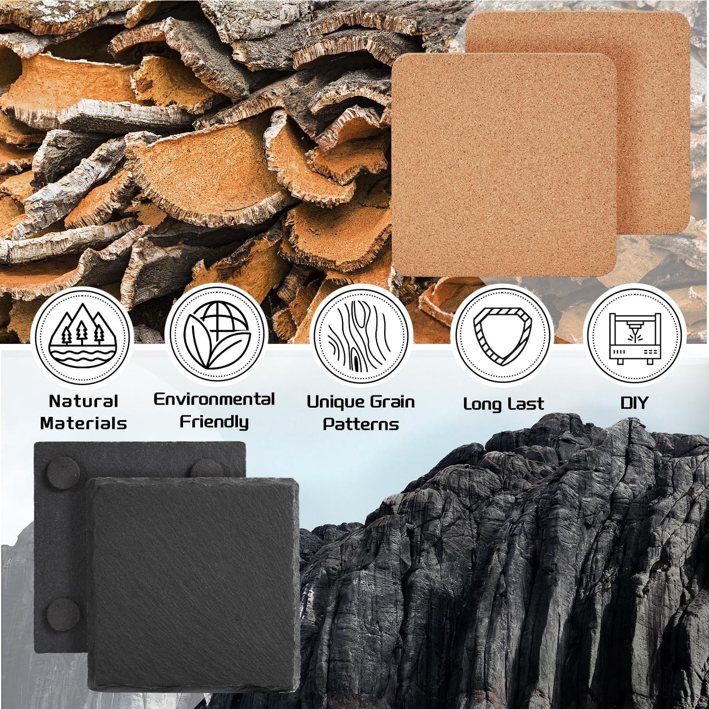 100 PCS Coaster Bulk for Laser Engraving, MAPRIAL 4 Inch 50 PCS Blanks Black Handmade Slate Stone Coasters, 50 PCS Cork Coasters, Engravable Materials for Engraver, Gifts, Crafts, Square