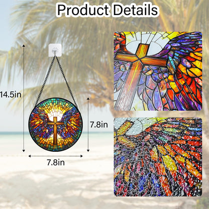 DASTOLL Stained Glass Window Hanging - Jesus Cross Wings Suncatcher Ready to Hang Window Doors Home Decoration and Christmas, Mother's Day Birthday Gifts for Women, Men, and Mom 7.8x7.8 in