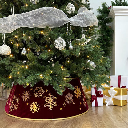 Starry Dynamo 28-Inch Velvet Burgundy Christmas Tree Collar with Embroidered Snowflakes, Foldable Tree Ring Base Cover for 5–7 ft Trees