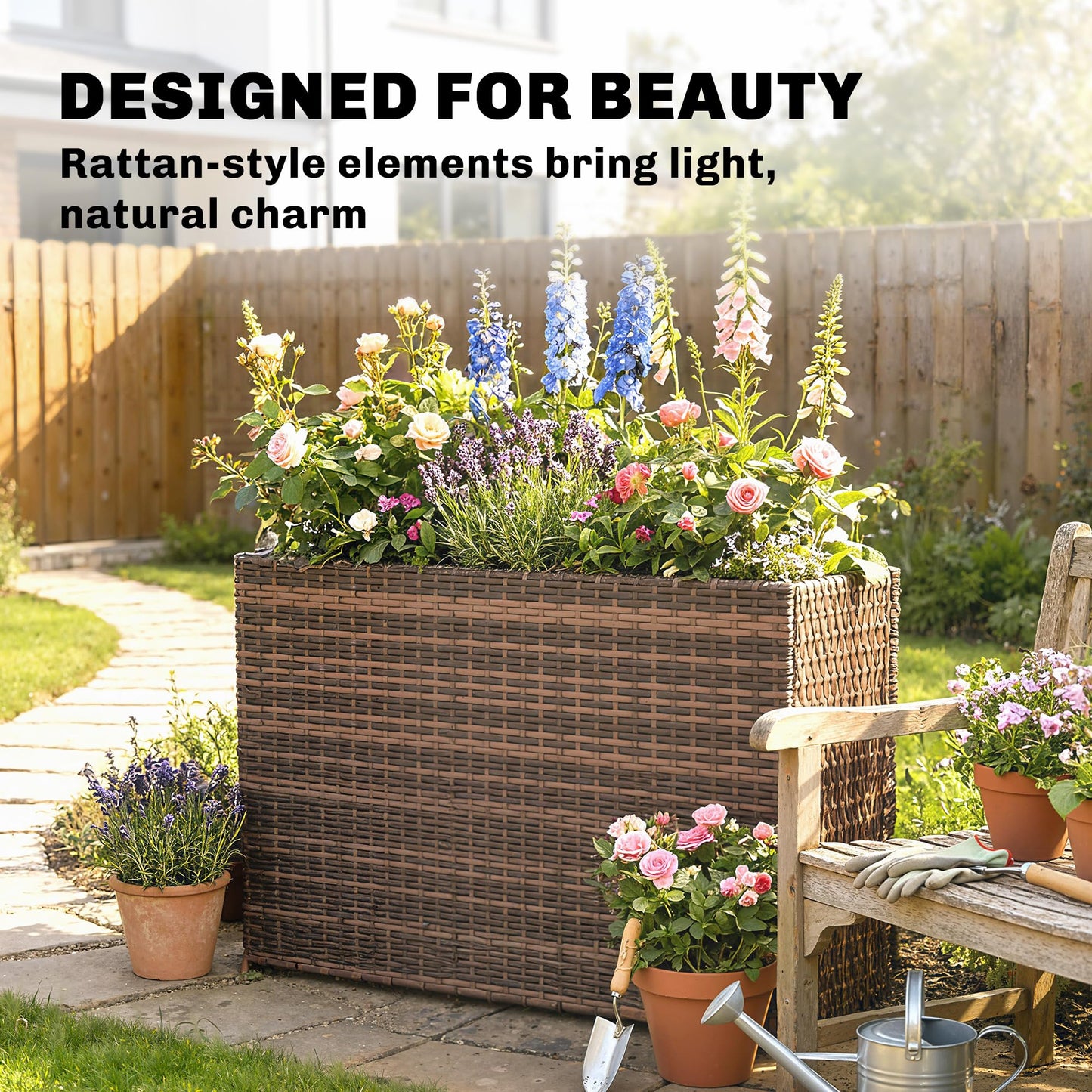 Outsunny Tall Rectangular Planter with Removable Liner, PE Wicker Large Planters for Outdoor Plants, Freestanding Indoor Outdoor Planter Box with Drainage Holes for Flowers, Vegetables, Brown