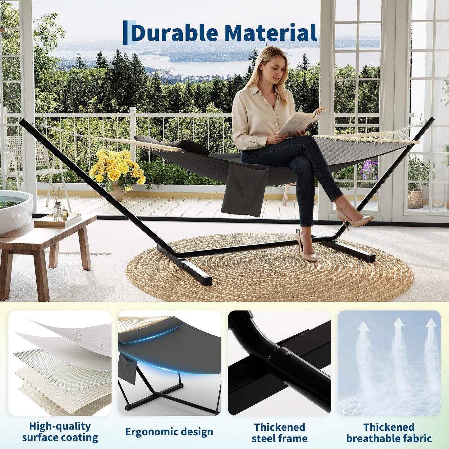 Double Hammock with Stand - Heavy Duty Portable 2 Person Design with Adjustable Steel Stand, Max 450LBS, Ideal for Outdoor Patio, Garden, Beach & Backyard