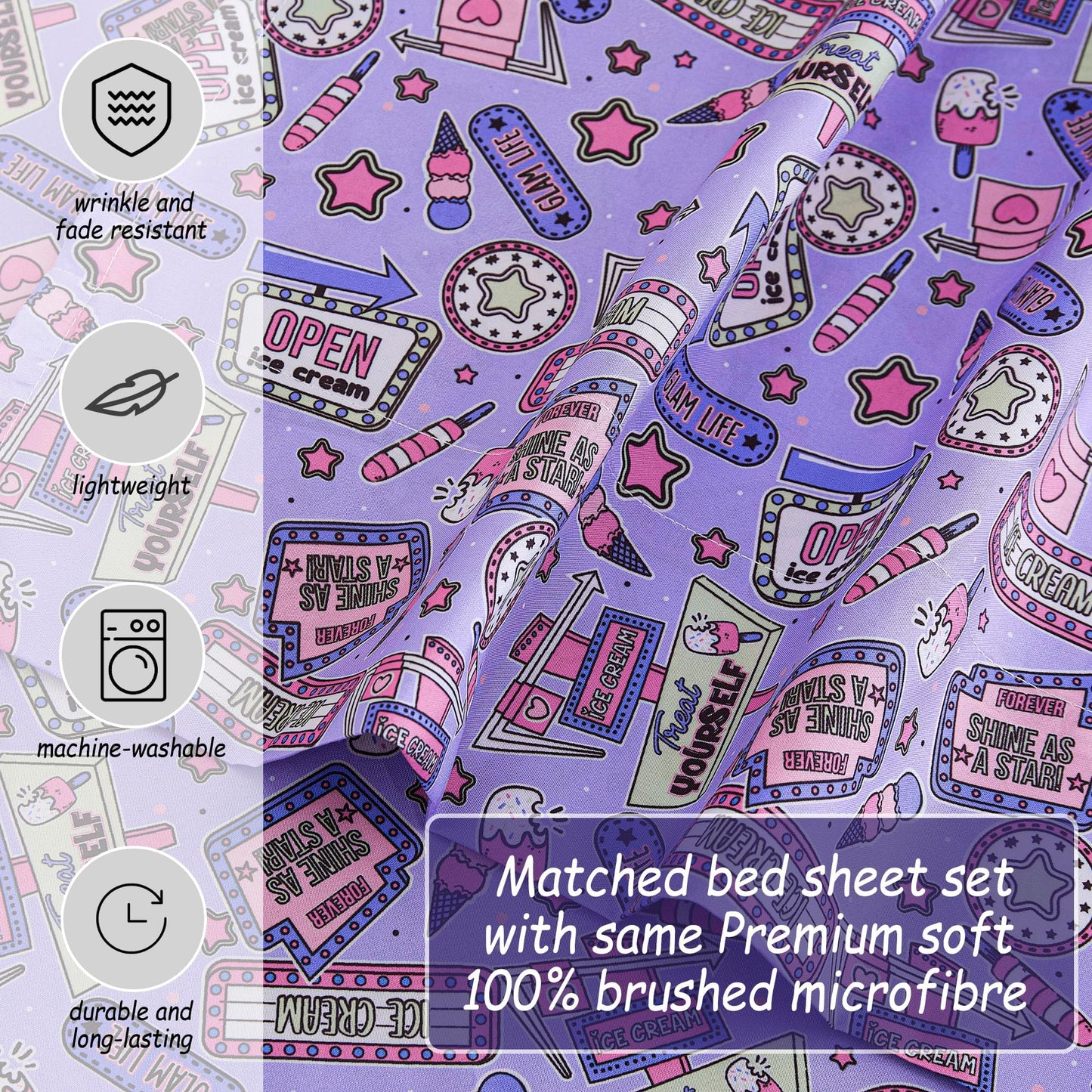 Softan Kids Bed Sheet Set, 3-Piece Twin Sheets Set, Microfiber Fitted Sheet with 15 Inches Deep Pocket and Corner Straps, Breathable & Silky Soft Cool Girl Printed Sheet and Pillowcase Sets