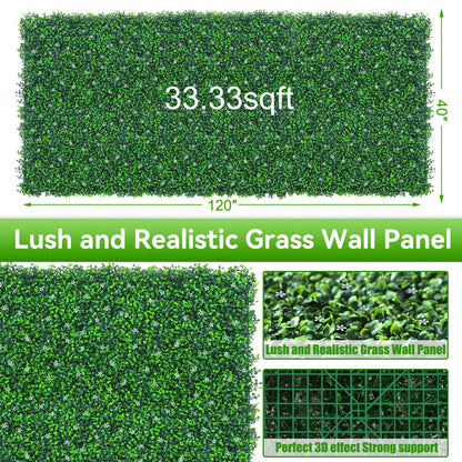 EverNture 40"x120"(33.3 SQFT) Grass Wall Panels, Artificial Grass Backdrop, Fake Greenery Plant Boxwood Roll with Flower, Green Wall Decor for Outdoor Indoor Patio Garden Backyard