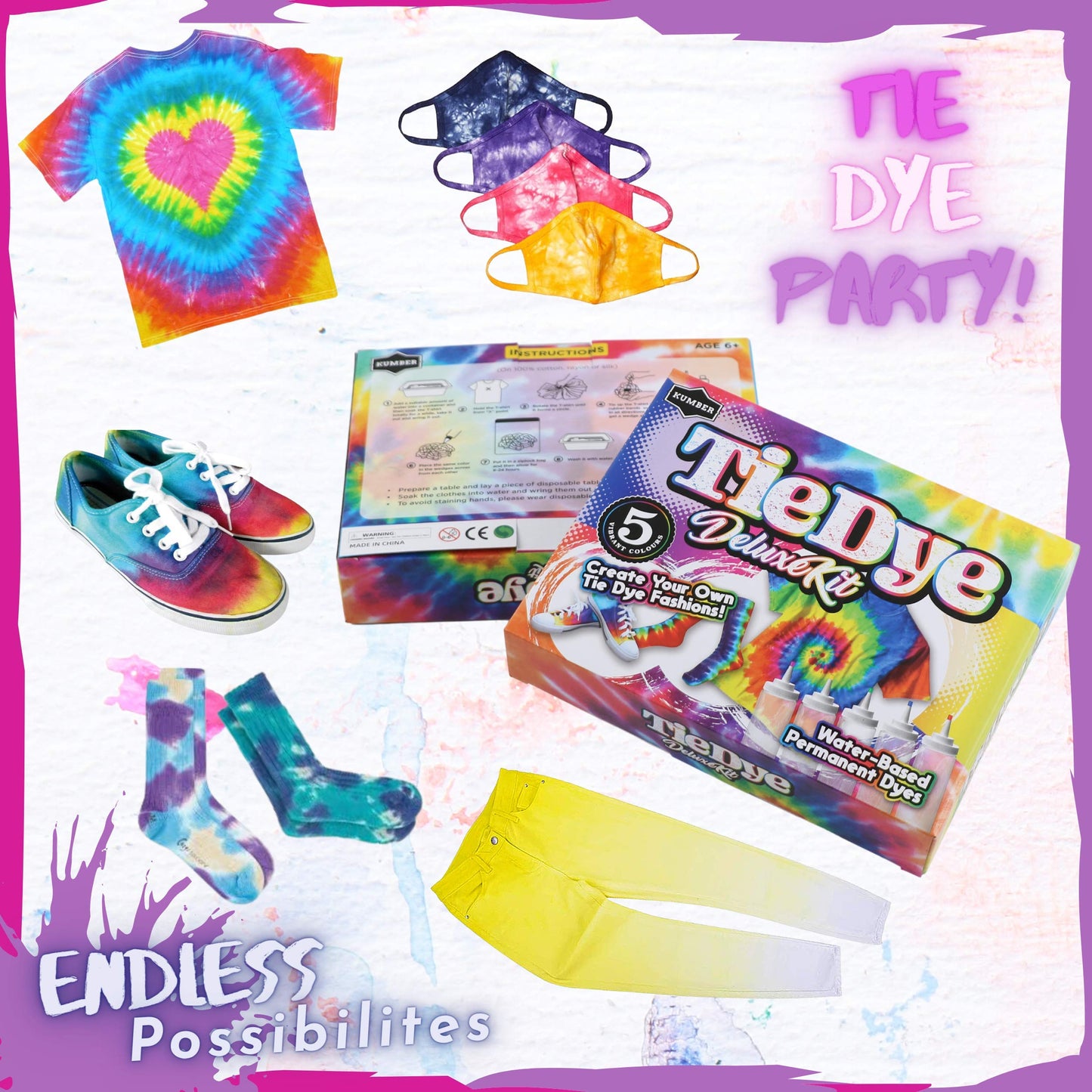 KUMBER Tie Dye Kit Kids - 5 Colours with Extra Dye Powder, Rubber Bands, Gloves and Funnel - Art and Craft Set for Dyeing Clothes, Creative Games & Activities - Suitable for Kids and Adults