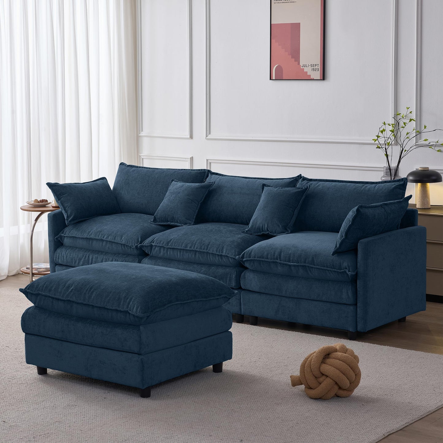 KEIKI 3 Seater Chenille Modular Sectional Couch Sofa with Ottoman, Double-Layer Seat Cushions & Back Cushions, Modern L-Shape Upholstered Cloud Soft Sofa Couches Chaise Lounge for Living Room