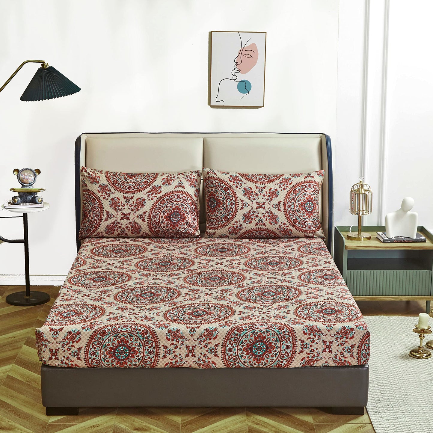 Tache Bohemian Mandala Fitted Sheet + Pillowcases - Retro Vintage Rustic Boho Chic Medallion Paisley Boteh 15-inch Deep Pocket Bed Sheet, 3 Piece Set, King