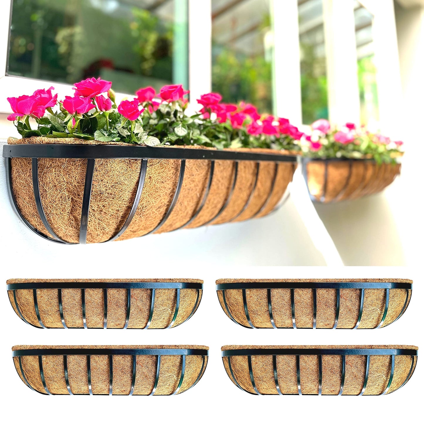 LaLaGreen Deck Railing Planter Boxes - 30 Inch, 4 Pack Wall Planters for Outdoor Plants, Window Flower Boxes Deck Railings with Coco Liners Metal Horse Troughs Fence Balcony Patio Porch Over Rail