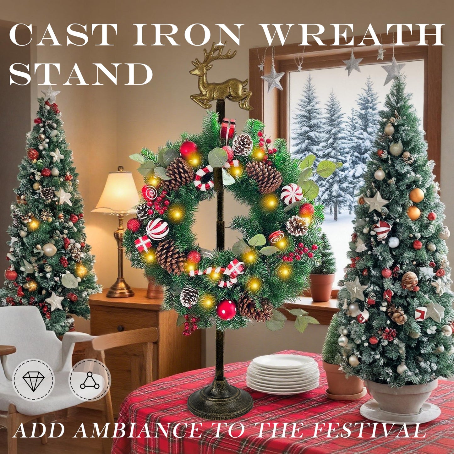 Linton Arts Adjustable Cast Iron Reindeer Wreath Stand – Front Door Wreath Hanger & Display Hook,Wreath Stands for Display, Hats & Ornaments, Christmas Holiday Doorway Decor【wreath stand】