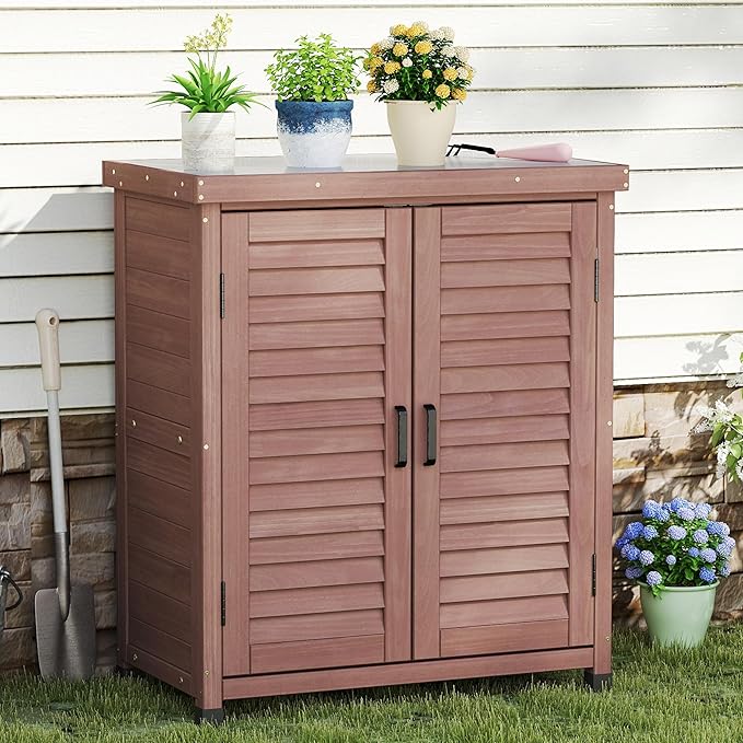 Outdoor Storage Cabinet & Potting Bench Table with Metal Top, Wooden Patio Furniture, Garden Workstation (Dark Brown, 36x31x17in)