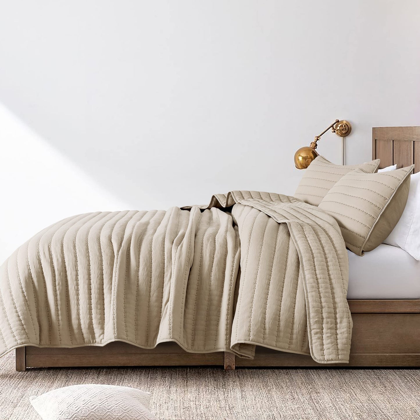 ROARINGWILD Beige Cream Tan King Size Quilt Bedding Sets with Pillow Shams, Lightweight Soft Bedspread Coverlet, Quilted Blanket Thin Comforter Bed Cover for All Season, 3 Pieces, 104x90 inches