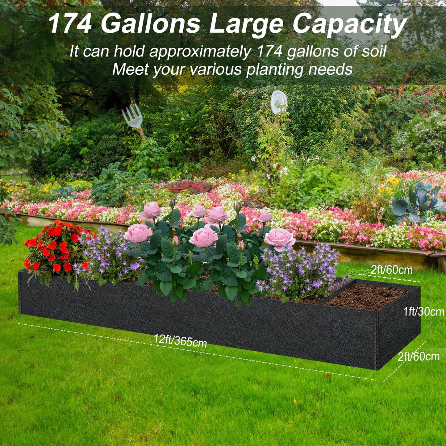 2PCS 12x2x1ft Fabric Raised Garden Bed Outdoor Patio 6 Grids Raised Planter Box Fabric Planters Grow Bags Rectangle Cloth Pots Potato Tomato Strawberry Garden Bed for Growing Vegetables Flower Herb