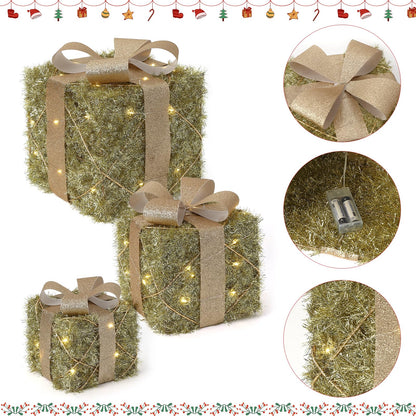 Garveehome Set of 3 Christmas Lighted Gift Boxes, Pre-Lit Gift Present Boxes with Ribbons and Bows, Light Up Xmas Ornaments for Indoor Outdoor Christmas Tree, Home, Yard, Lawn, Gold