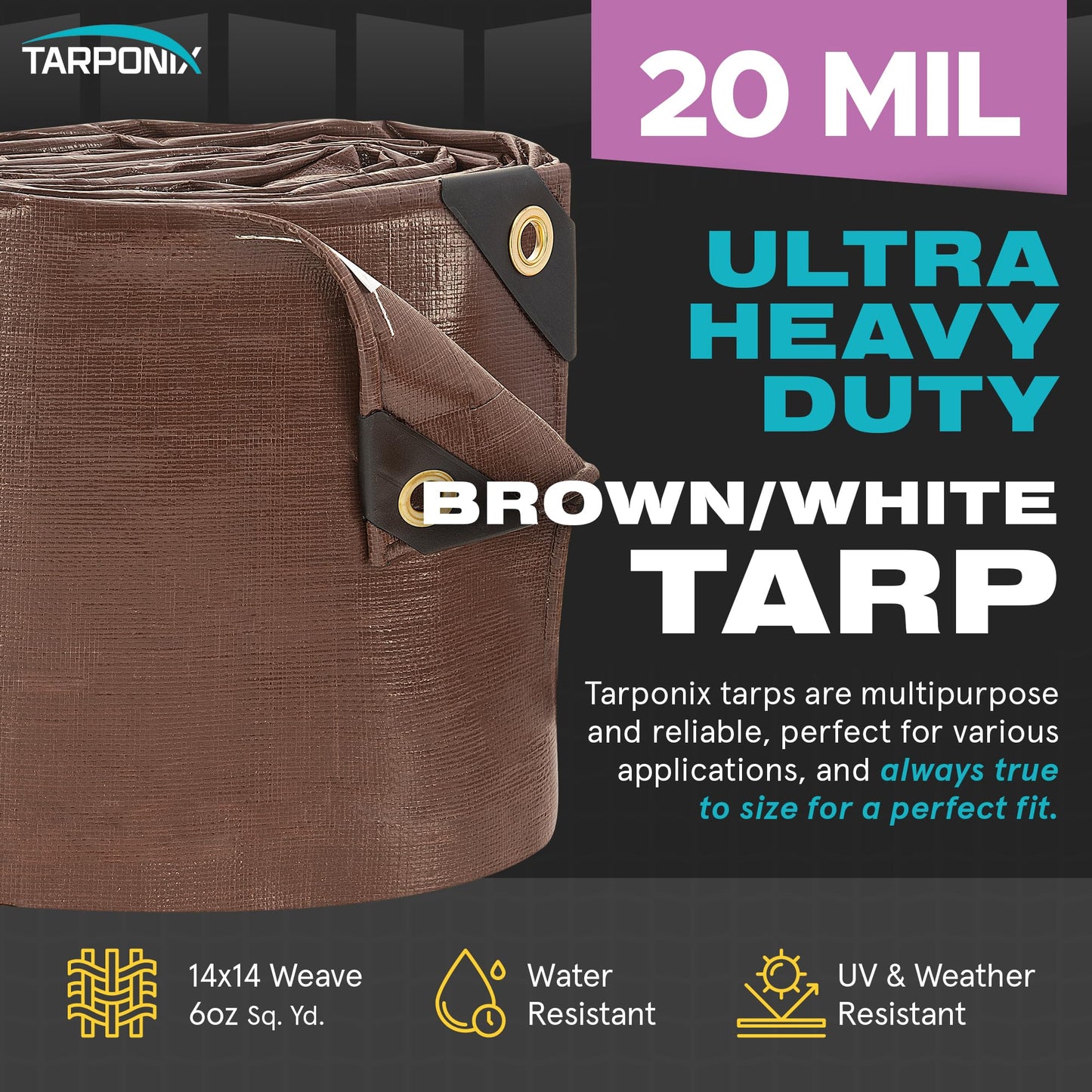 Tarponix 20' x 20' Ultra Heavy Duty Tarp – 20 Mil Brown/White Waterproof Outdoor Cover, UV Protection, Reinforced Corners, Ideal for Camping, Tent, and Outdoor Use