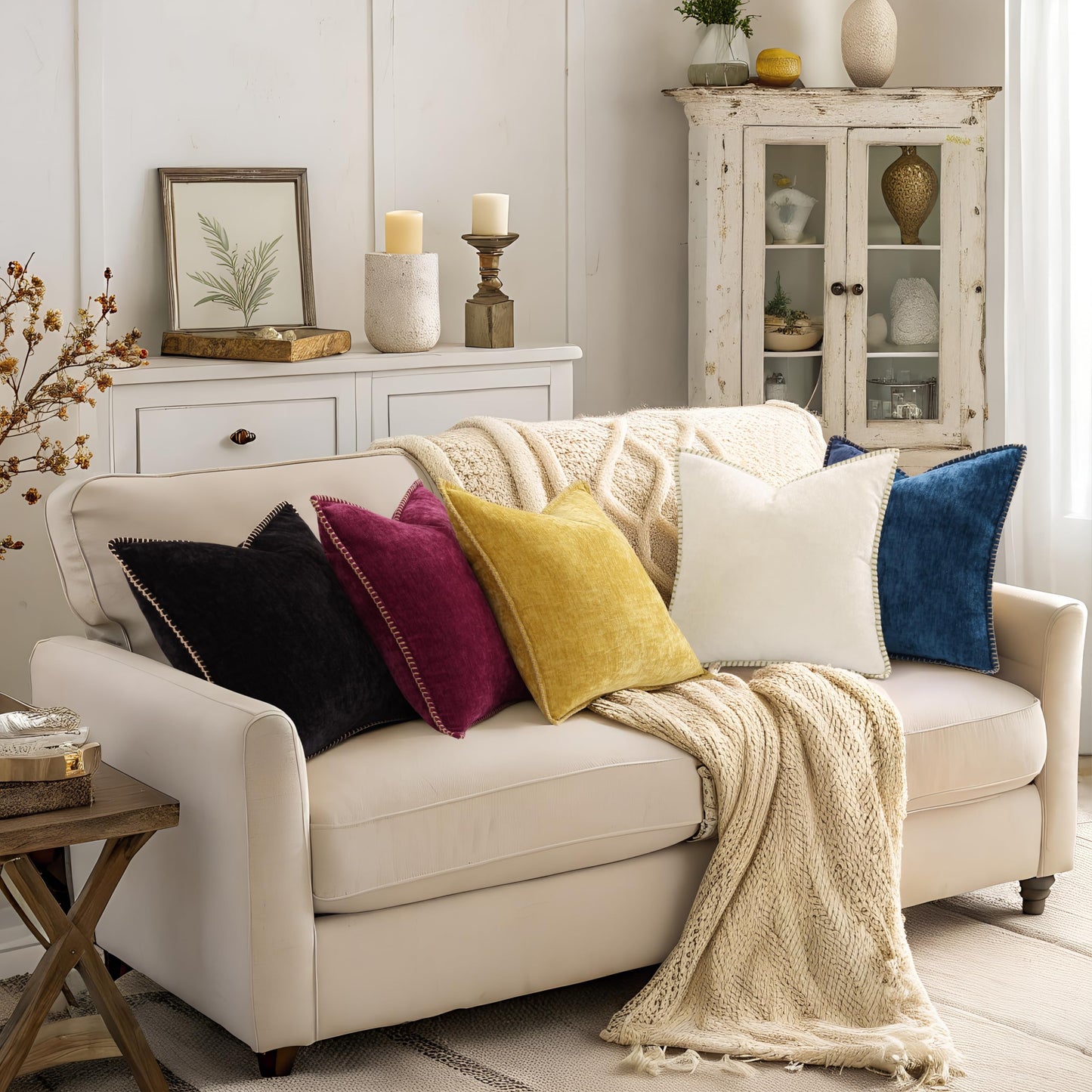 decorUhome Fall Chenille Soft Cozy Throw Pillow Covers 20x20 Set of 2, Modern Farmhouse Boho Velvet Decorative Pillow Cases with Stitched Edge for Couch Sofa Bed Home Decor, Rhododendron