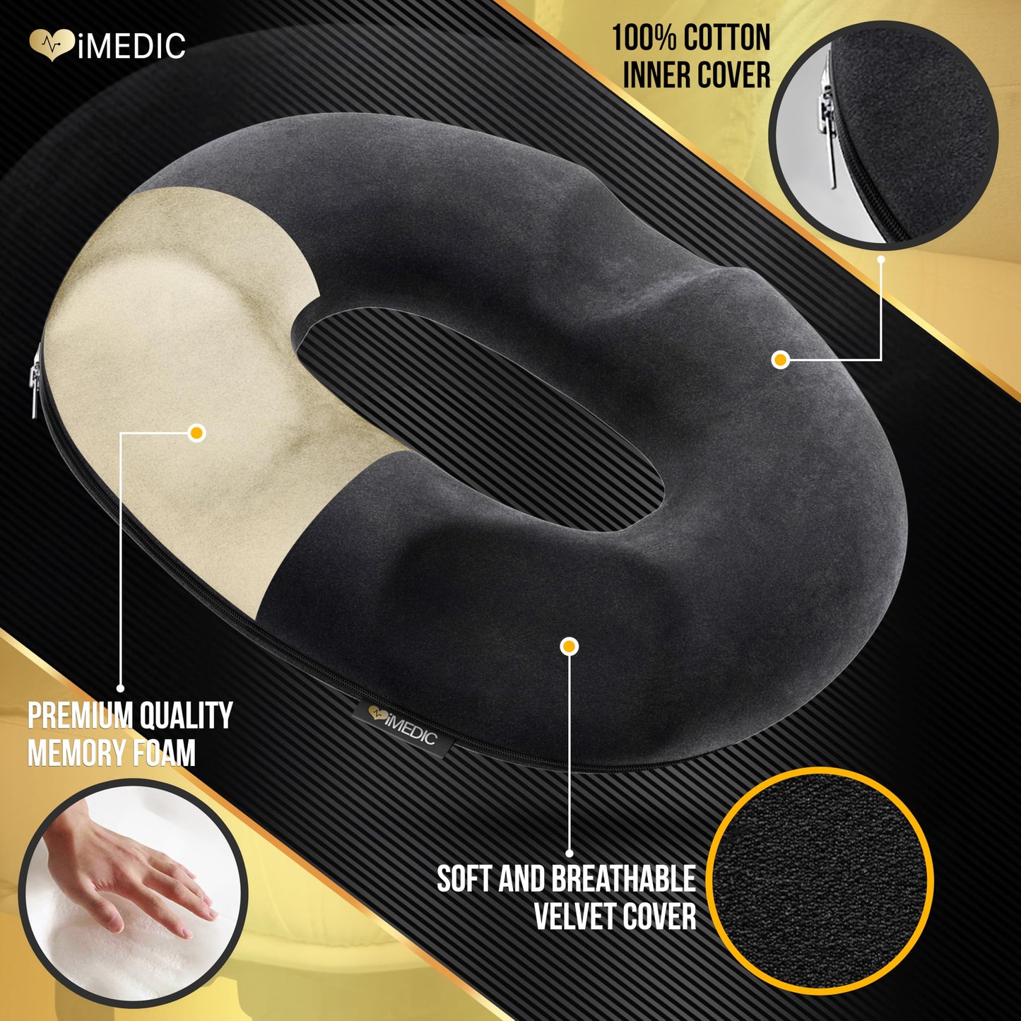 iMedic Memory Foam Donut Cushion (1 Pack) – Ergonomic Seat Cushion for Haemorrhoids, Coccyx & Postnatal Pain – Office Chair Cushion for Tailbone Relief – Orthopedic Support for Sitting Comfort