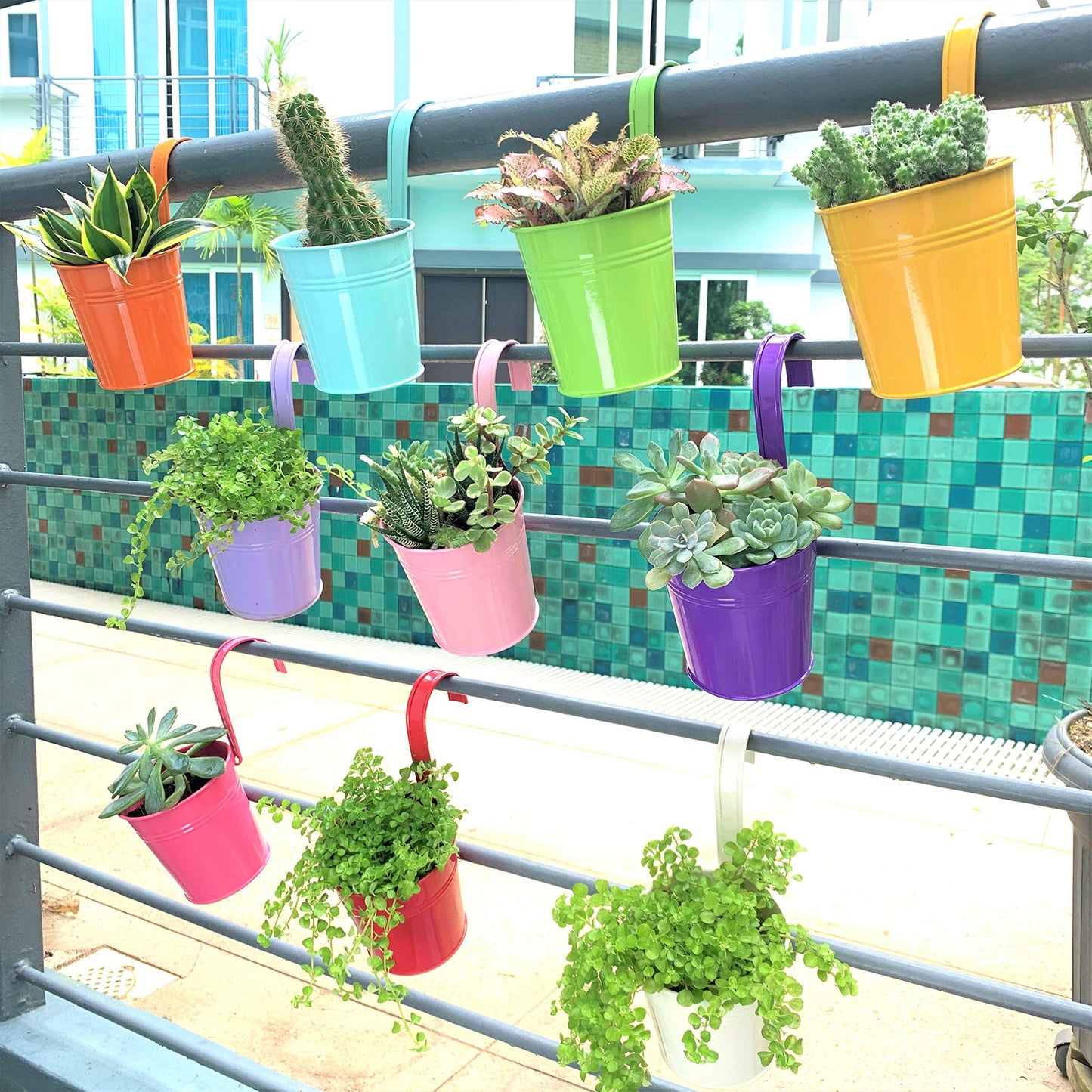 LaLaGreen Hanging Planters Outdoor -10 Pack, 6 Inch Colorful Large Metal Flower Pot, Balcony Planters Railing Hanging Herb Garden Iron Hanging Plant Buckets for Fence Rail Deck Porch Outside Wall