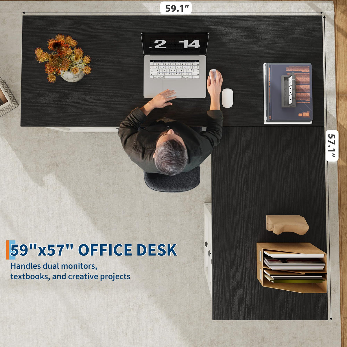 GarveeHome 60" Executive L Shaped Desk, Farmhouse Home Office Desk with File Drawers and Storage Cabinet, Corner Computer Desk with Adjustable Side Storage Cabinet (Black)