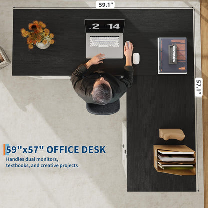 GarveeHome 60" Executive L Shaped Desk, Farmhouse Home Office Desk with File Drawers and Storage Cabinet, Corner Computer Desk with Adjustable Side Storage Cabinet (Black)