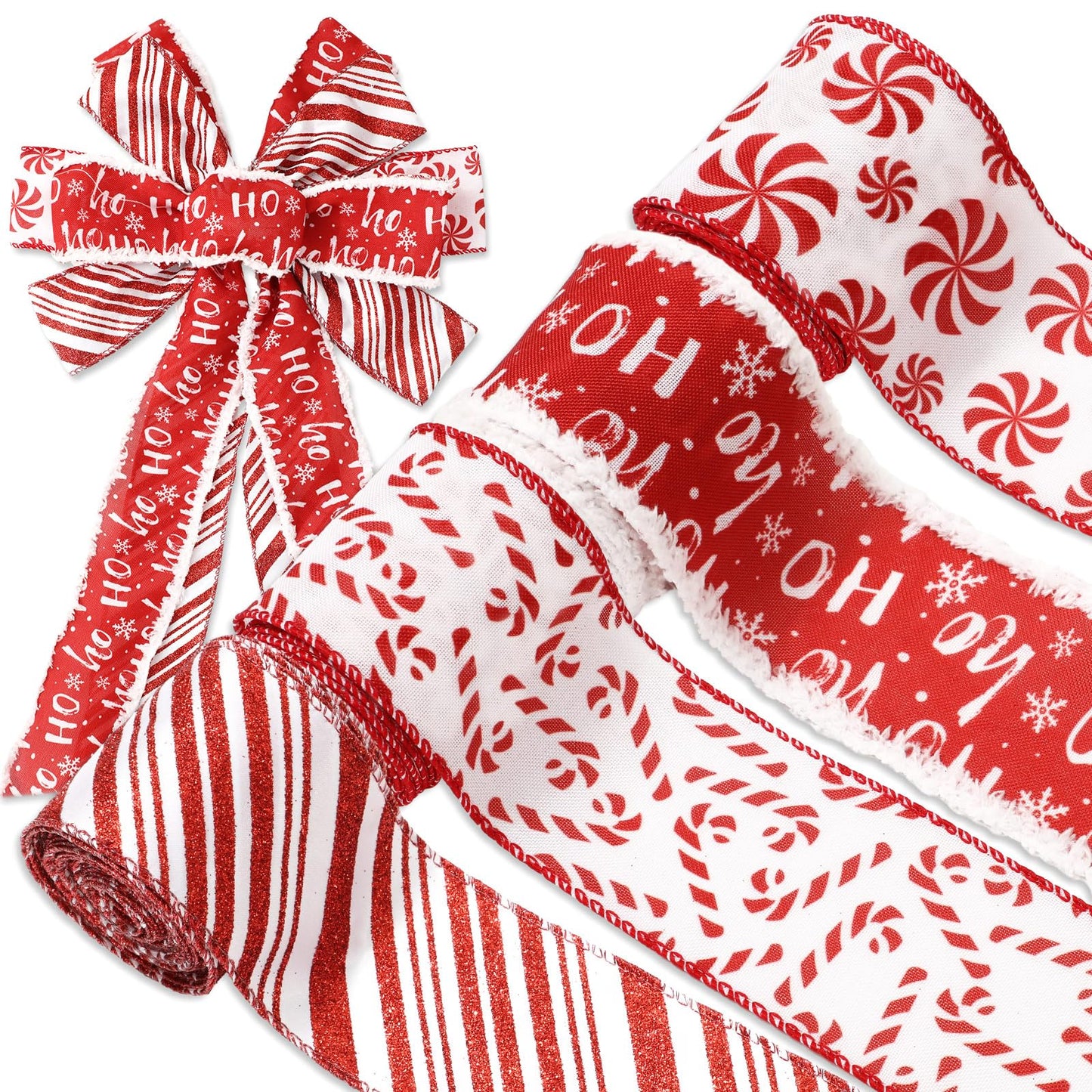 JarThenaAMCS Christmas Wired Edge Ribbon Peppermint Candy Craft Ribbons Pink White Candy Cane Stripe Fabric Ribbon for Wreath Bow DIY Wrapping Party Decor, 4 Rolls, 24 Yard