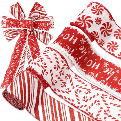JarThenaAMCS Christmas Wired Edge Ribbon Peppermint Candy Craft Ribbons Pink White Candy Cane Stripe Fabric Ribbon for Wreath Bow DIY Wrapping Party Decor, 4 Rolls, 24 Yard