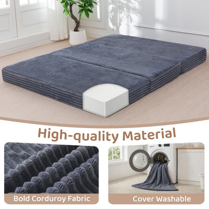 BYBYME Thick Corduroy Tri-Folding Mattress, 6 Inch Gel Folding Mattress Topper, Foldable Sofa Couch Soft Guest Bed Camping Pad, with Washable Covers (Dark Gray, Queen)