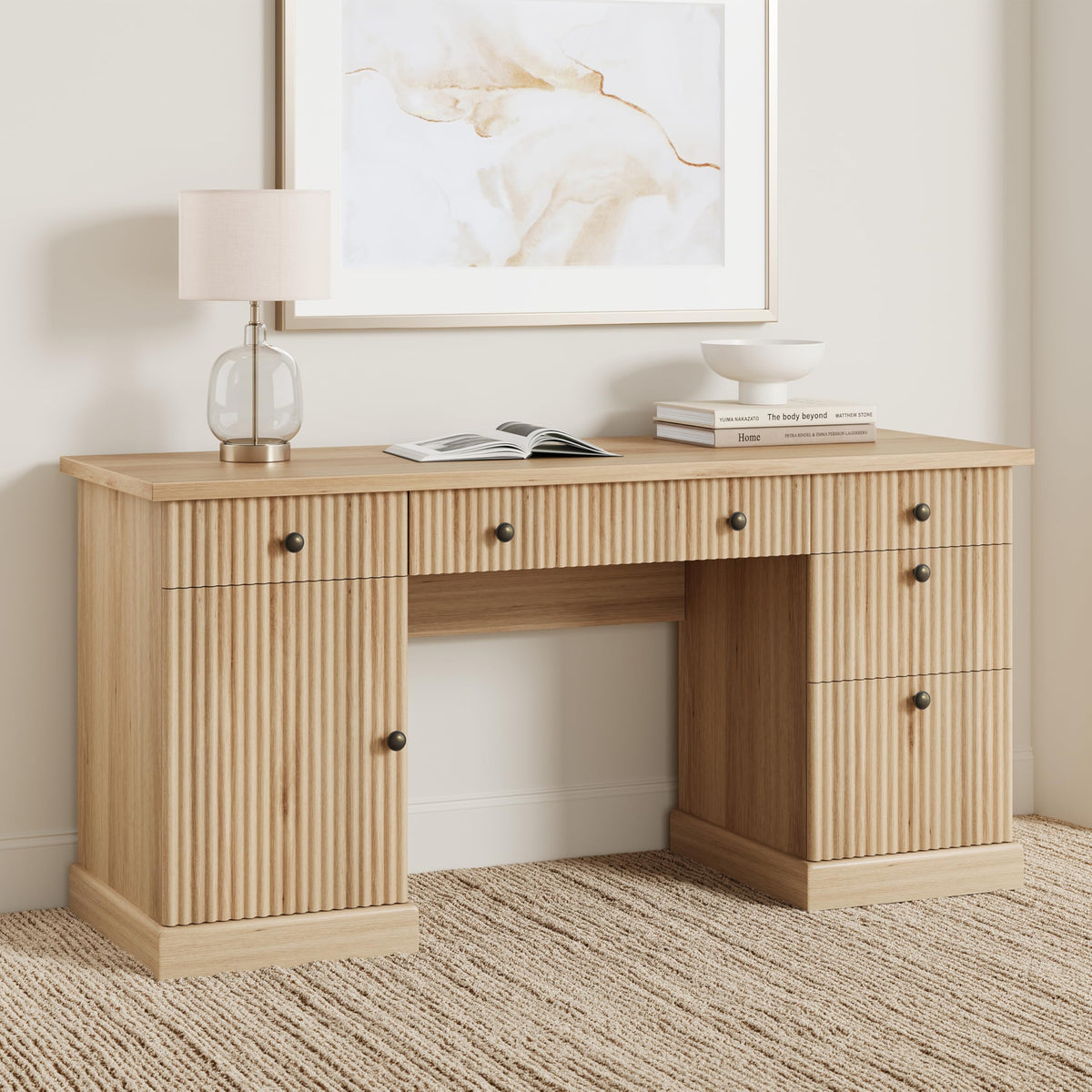 Garvee 60" Office Desk with Storage & Drawers. Fluted Wood Computer Desk with Power Outlet & Adjustable Shelves.Modern Executive Desk for Home Office/Bedroom/Gaming-Burlywood