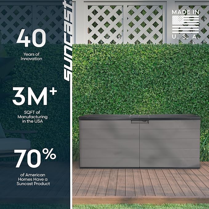 Suncast 120 Gallon Deck Box - Resin Outdoor Storage Box for Patio Cushions, Pool Accessories, & Garden Tools, Lockable Outdoor Storage Bin with Split Lid, Extra Large Dove Gray Outside Container