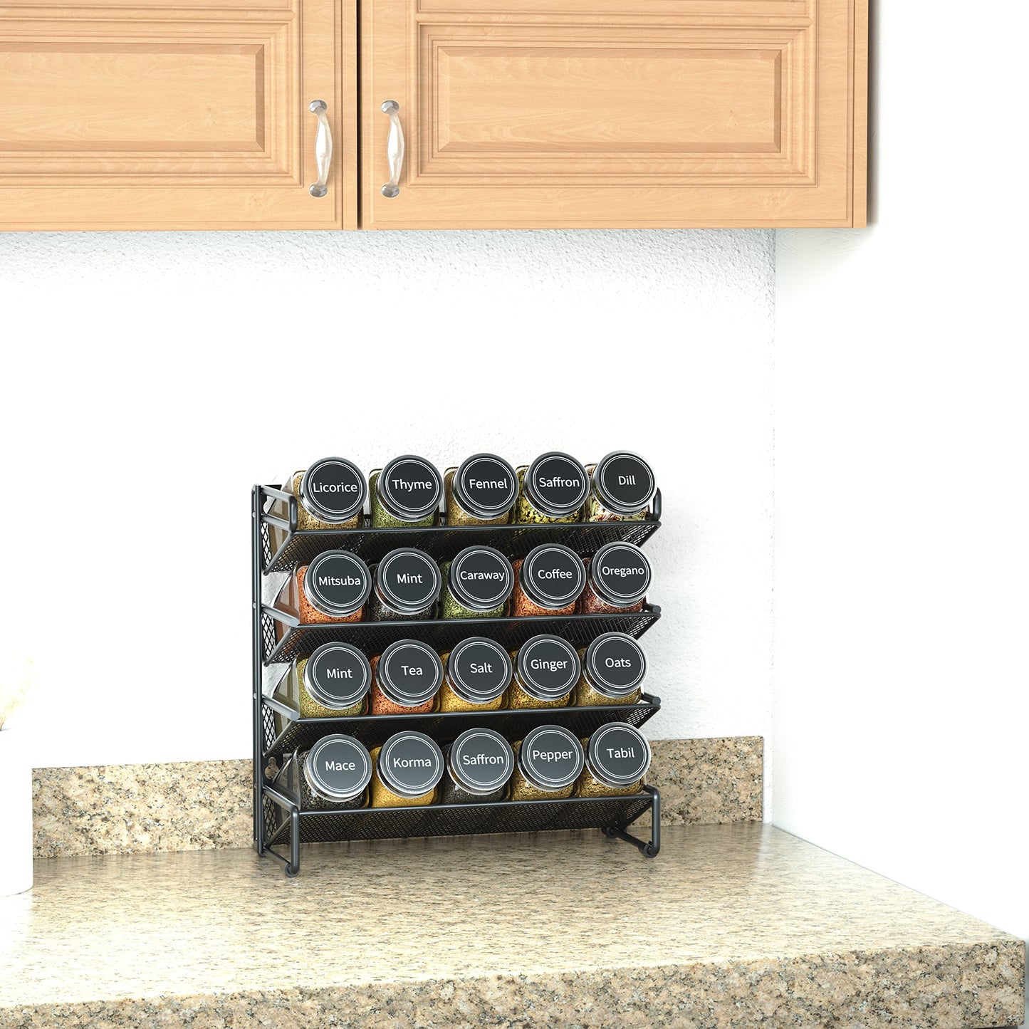 SpaceAid Spice Rack Organizer with 28 Spice Jars, 386 Spice Labels, Chalk Marker and Funnel Set for Cabinet, Countertop, Pantry, Cupboard or Door & Wall Mount - 28 Jars, 13.4" W × 10.8" H, Black