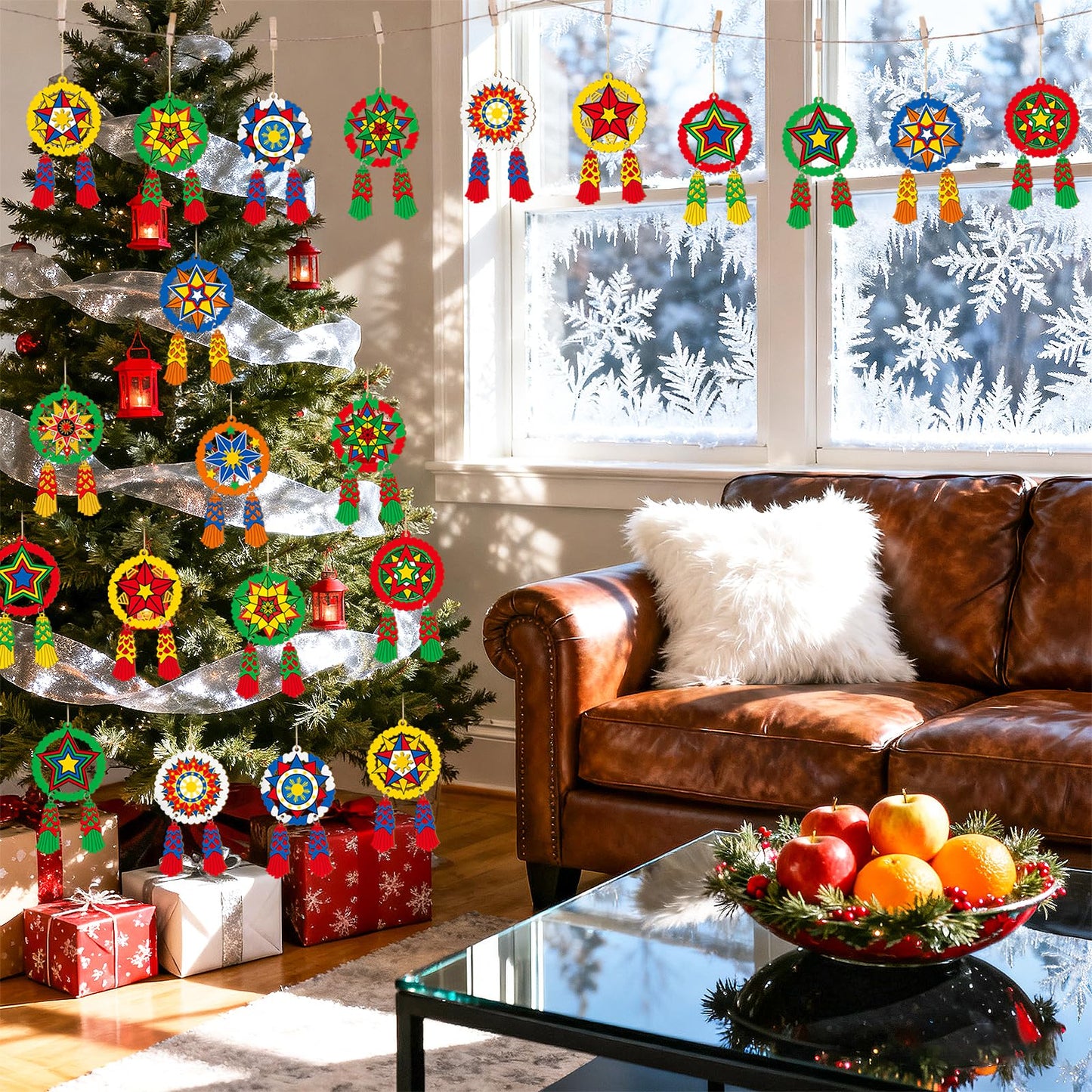 24 Pcs Christmas Parol Lantern Filipino Wooden Philippine Christmas Ornaments for Tree Decorations Hanging Ornaments Traditional Capiz Star Pendant Sign for Xmas Gift Home Window Holiday Decor Navidad