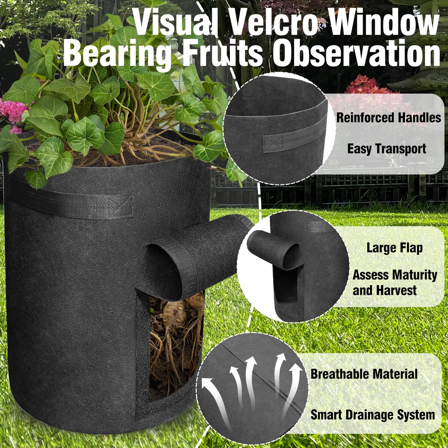 Gardzen 6 Pack BPA-Free 10 Gallon Vegetable Grow Bags with Access Flap and Handles, Suitable for Planting Potato, Taro, Beets, Carrots, Onions, Peanut